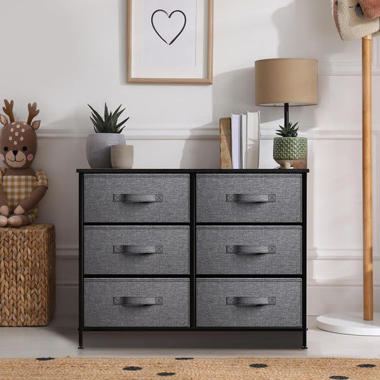 Chic 6-Drawer Dresser - Multi-Functional Organizer with Sturdy Steel Frame, Elegant Wood Top & Easy-Access Fabric Bins for Any Room