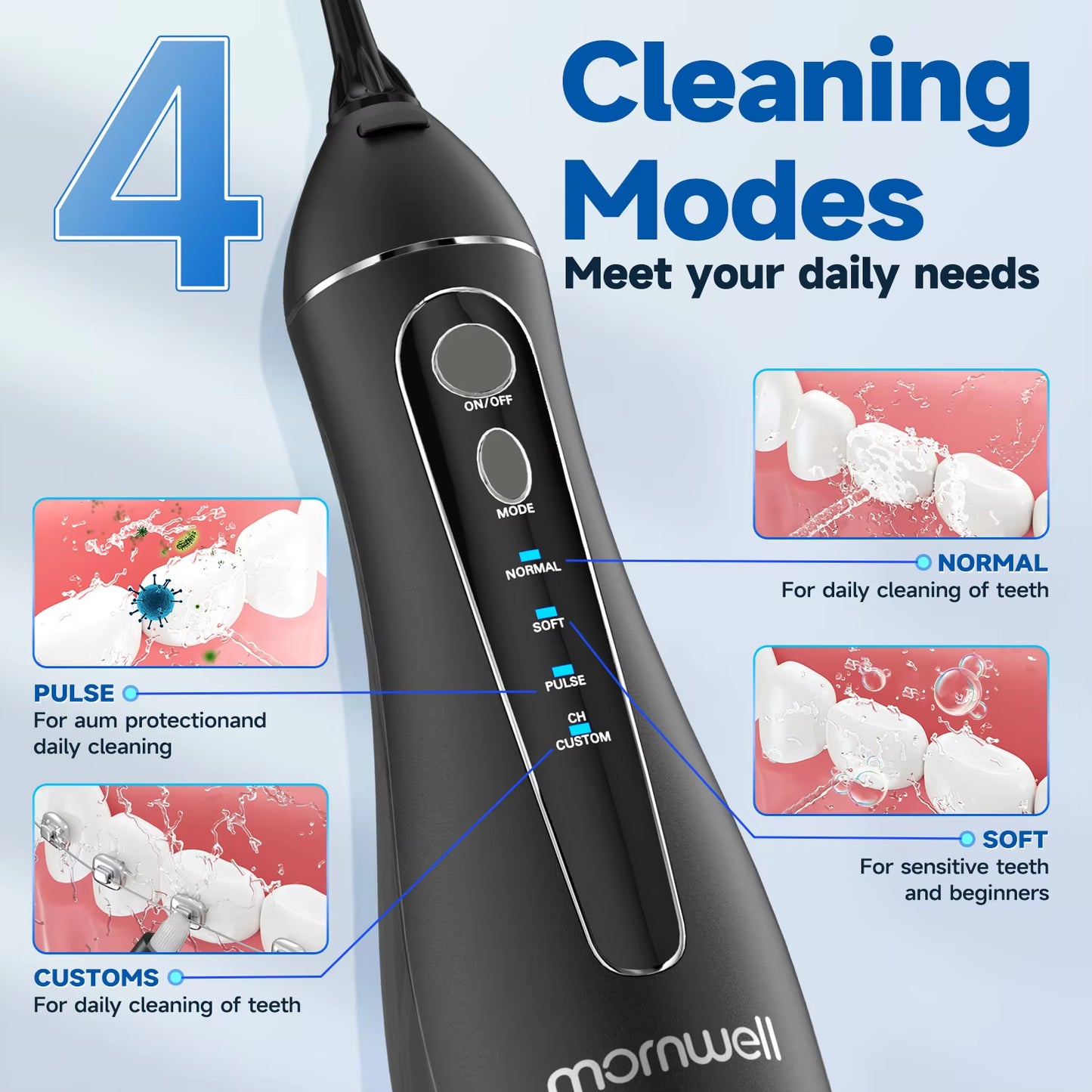 Portable Cordless Dental Floss & Oral Irrigator - 3 Cleaning Modes, Waterproof, Rechargeable with 4 Nozzles for Gum Health